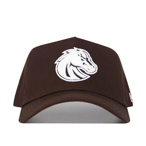 The Boise State Americano Hat is a brown baseball cap with a white embroidered horse head logo, made from high-quality cotton. It features a structured fit and a snapback closure for convenience.
