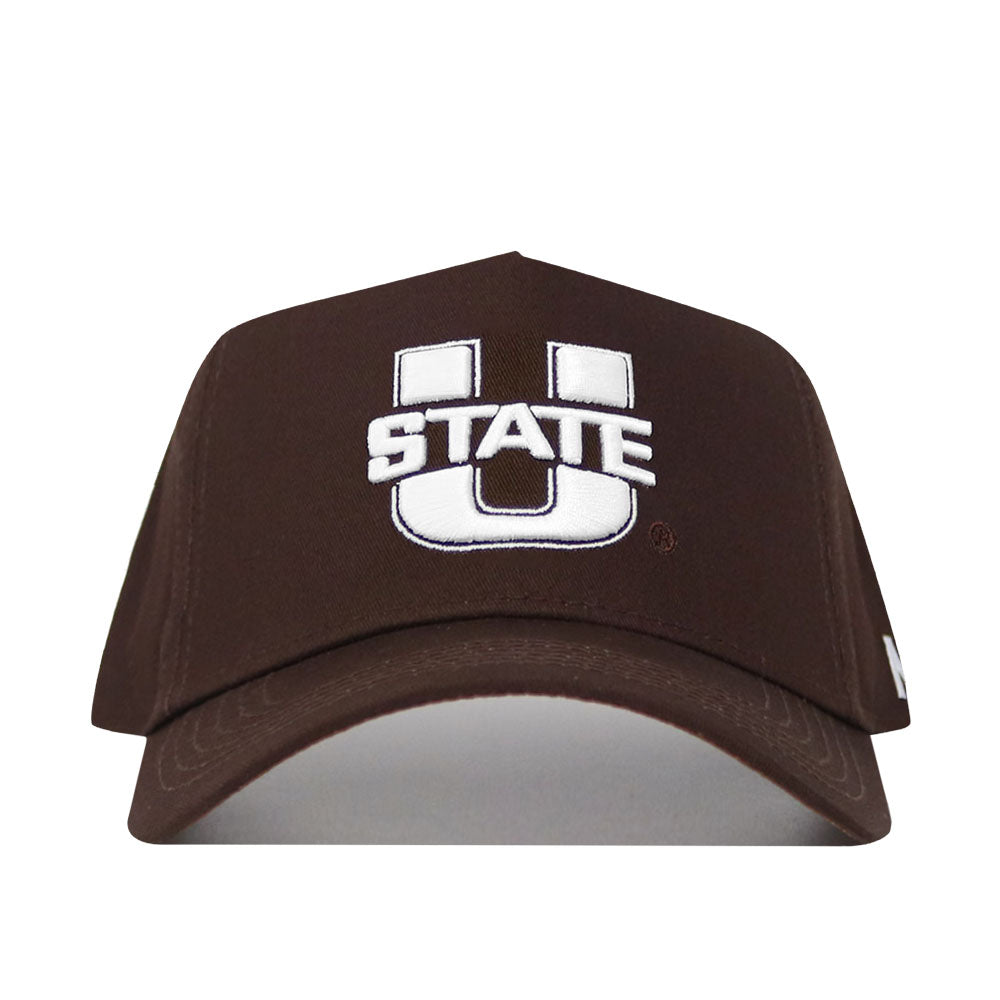 The Utah State Americano Hat is a brown snapback featuring a large white embroidered "U" with "STATE" stitched across the center in white.