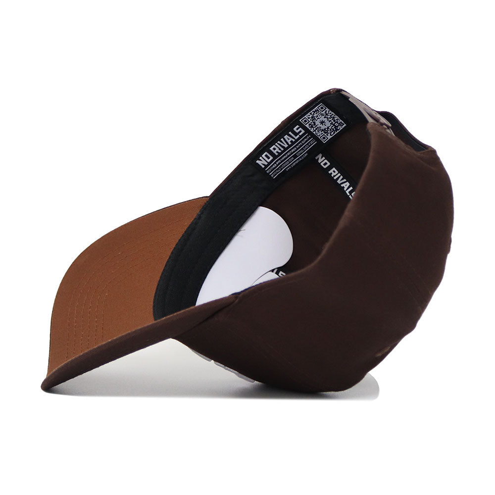 The Utah State Americano Hat, a brown high-quality cotton baseball cap, is displayed upside down to show its structured visor, inner black NO RIVALS band, and a QR code label.