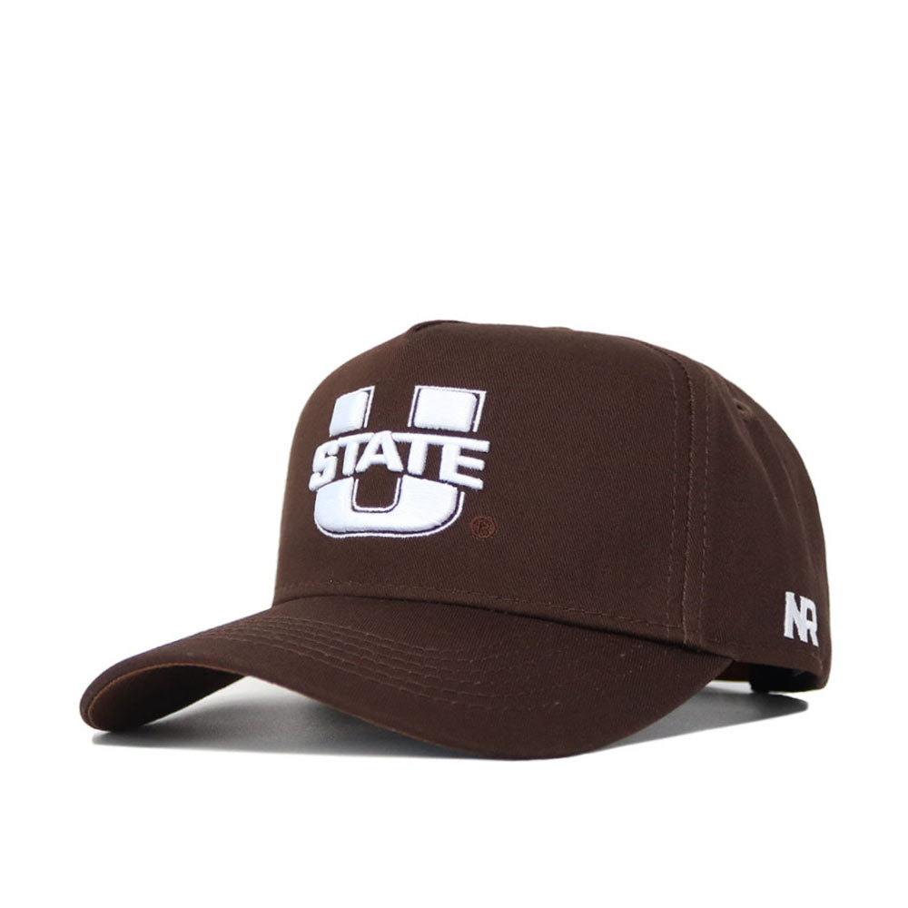 The Utah State Americano Hat is a brown structured snapback with a curved brim, featuring a large white "U" and bold "STATE" on the front, NR embroidered on the side, and made from high quality cotton for lasting comfort.