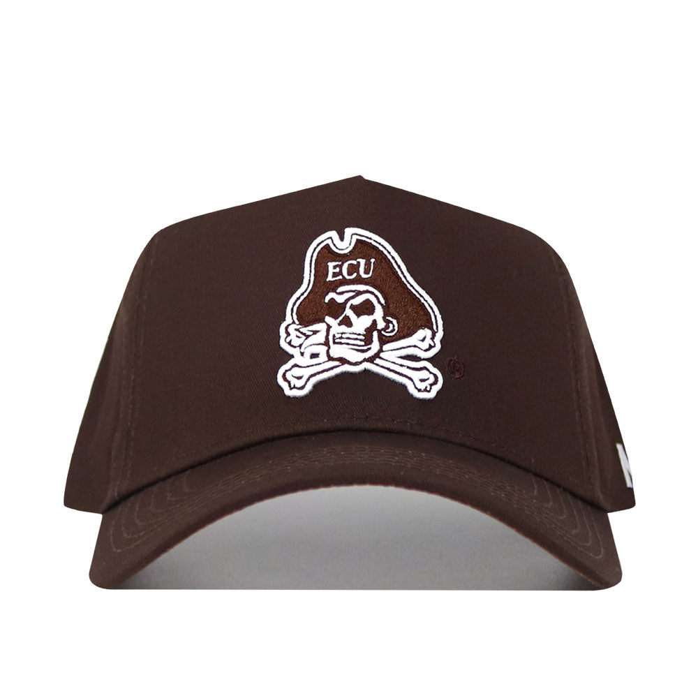 The ECU (East Carolina) Americano Hat is a brown snapback baseball cap with a white embroidered pirate skull and crossbones logo featuring the letters ECU on the hat, officially licensed and front view.