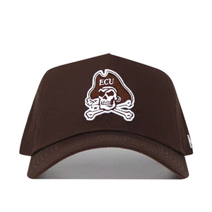 The ECU (East Carolina) Americano Hat is a brown snapback baseball cap with a white embroidered pirate skull and crossbones logo featuring the letters ECU on the hat, officially licensed and front view.