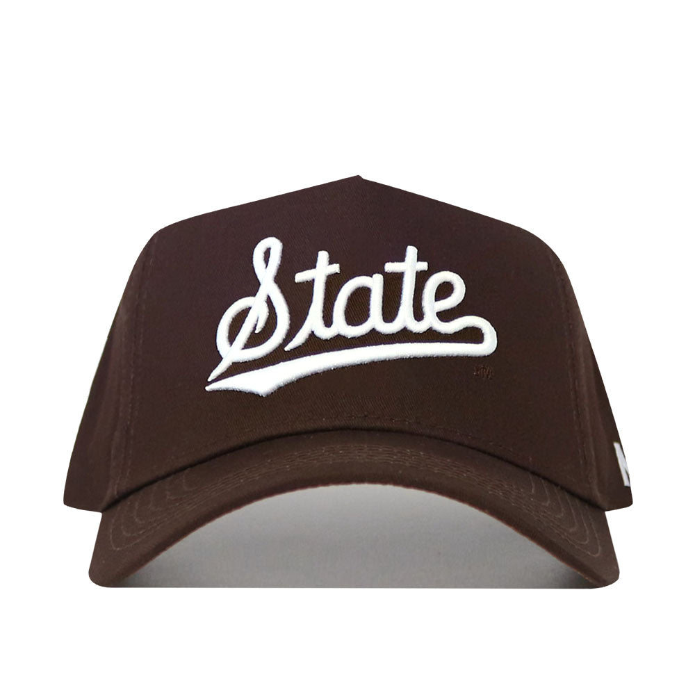 The Mississippi State Americano Hat is a brown baseball cap made from high quality cotton, featuring "State" embroidered in white cursive on the front panel for comfort and durability.