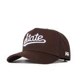 The Mississippi State Americano Hat is a brown structured snapback with "State" embroidered in white script on the front and "NR" stitched in white on the side.
