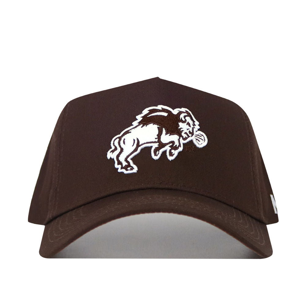 The NDSU Americano Hat is a brown snapback baseball cap with an embroidered white bison mascot holding a ball on the front, made from high-quality cotton for comfort and durability.