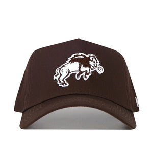The NDSU Americano Hat is a brown snapback baseball cap with an embroidered white bison mascot holding a ball on the front, made from high-quality cotton for comfort and durability.