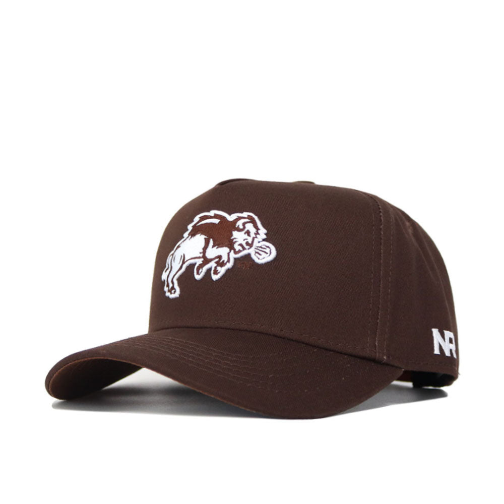 The NDSU Americano Hat is a brown cotton baseball cap with a white embroidered buffalo and disc on the front, plus white "NR" letters stitched on the left side.