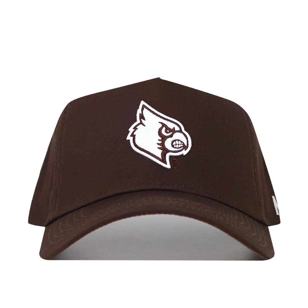 The Louisville Americano Hat is a brown snapback made from high quality cotton, featuring an embroidered white bird head logo with a fierce expression on the front.