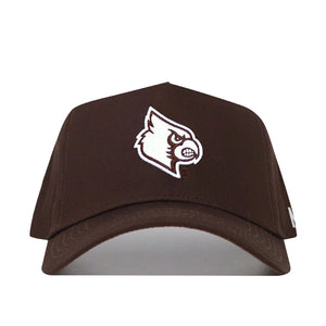 The Louisville Americano Hat is a brown snapback made from high quality cotton, featuring an embroidered white bird head logo with a fierce expression on the front.