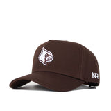 The Louisville Americano Hat is a brown snapback with a white and black cardinal logo on the front, white embroidered NR letters on the side, and is made from high-quality cotton for a structured fit.