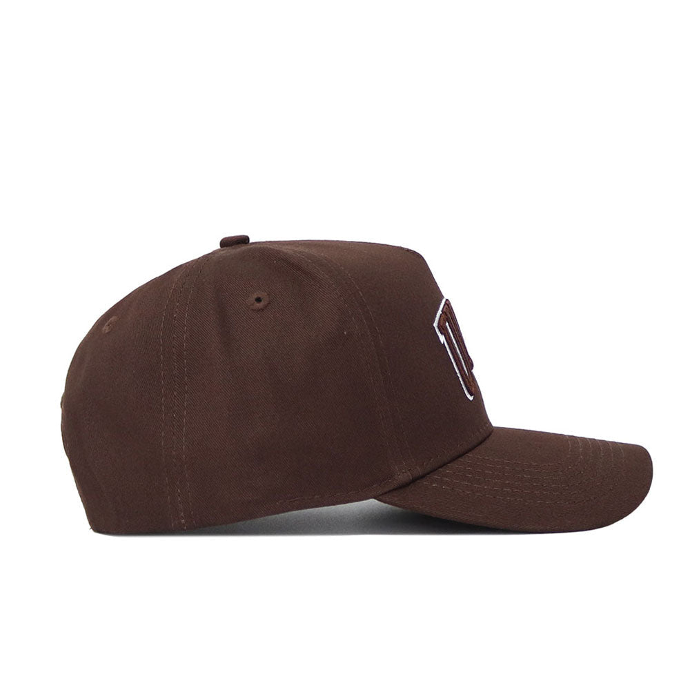 The University of Las Vegas (UNLV) Americano Hat is a brown structured-fit cap with a curved brim, raised front stitching, quality cotton build, ventilation eyelets, and a top button, shown here in a side view.
