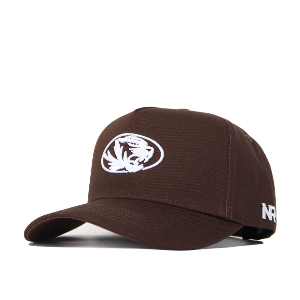 The Mizzou Americano Hat is a brown cotton snapback with a white embroidered tiger logo on the front and "NR" stitched in white on the side, offering a stylish and structured fit.