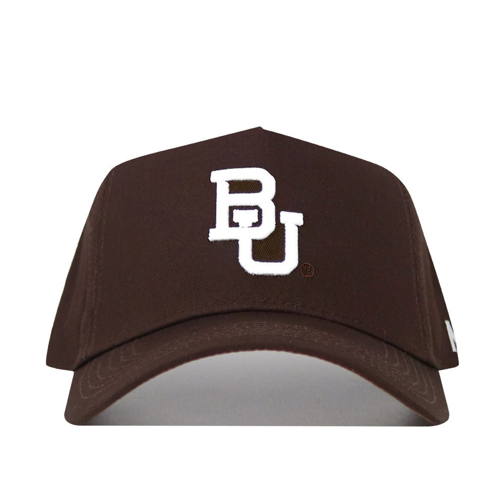 The Baylor Americano Hat is a brown snapback made of high-quality cotton with a white embroidered BU logo on the front, shown against a white background.