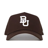 The Baylor Americano Hat is a brown snapback made of high-quality cotton with a white embroidered BU logo on the front, shown against a white background.