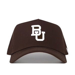 The Baylor Americano Hat is a brown snapback made of high-quality cotton with a white embroidered BU logo on the front, shown against a white background.