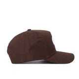 The Georgia Tech Americano Hat is a brown snapback with a structured fit, curved brim, and visible stitching, made from high quality cotton and displayed on a plain white background.