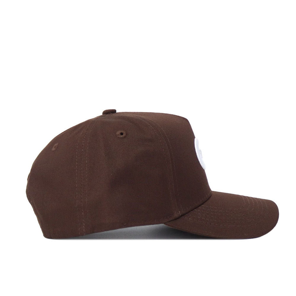 The Georgia Tech Americano Hat is a brown snapback with a structured fit, curved brim, and visible stitching, made from high quality cotton and displayed on a plain white background.
