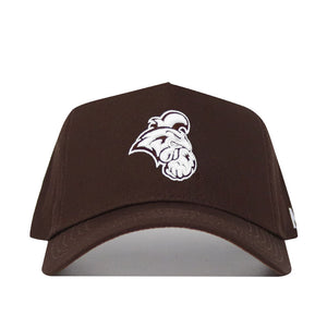 The Coastal Carolina Americano Hat is a brown, structured-fit cotton cap with a white embroidered bulldog mascot on the front, showcasing its bold logo and curved brim.