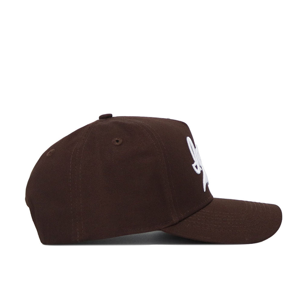 The Iowa Americano Hat is a brown snapback cap seen from the side, featuring white embroidered lettering on the front, a curved brim, visible stitching, and a structured fit for comfort and style.