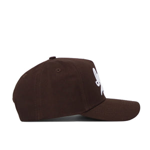 The Iowa Americano Hat is a brown snapback cap seen from the side, featuring white embroidered lettering on the front, a curved brim, visible stitching, and a structured fit for comfort and style.