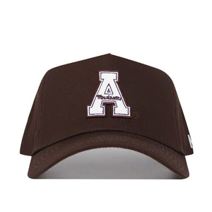 The App State Americano Hat is a brown snapback made of durable cotton, showcasing a large white letter A outlined in black on the front.