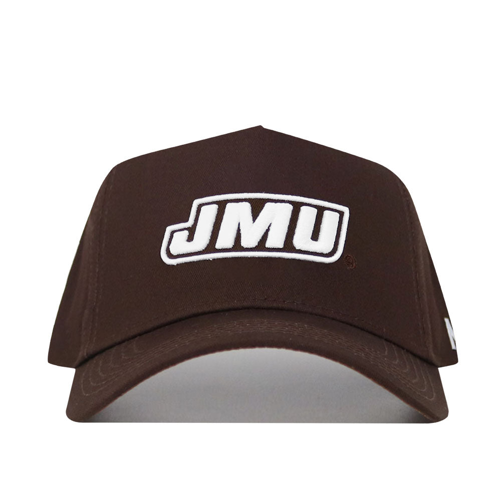 The JMU Americano Hat is a brown snapback featuring "JMU" embroidered in white block letters with black outline on the front. This structured cap offers durability and comfort with its high-quality cotton material.