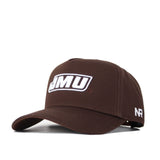 The JMU Americano Hat is a brown structured fit cap made from high-quality cotton, featuring a bold white JMU logo on the front and white NR initials on the side.