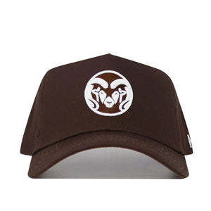 The Colorado State Americano Hat is a brown snapback featuring a white rams head logo on the front and is made from high-quality cotton for a structured fit.