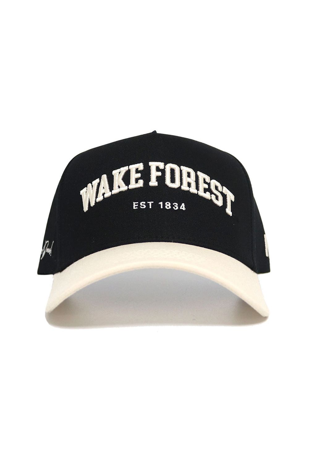 The No Rivals WAKE FOREST Established Hat is a black cap with a white brim, featuring "WAKE FOREST EST 1834" embroidered in white. Officially licensed, it’s made from high quality cotton and has an adjustable snap back for the perfect fit.