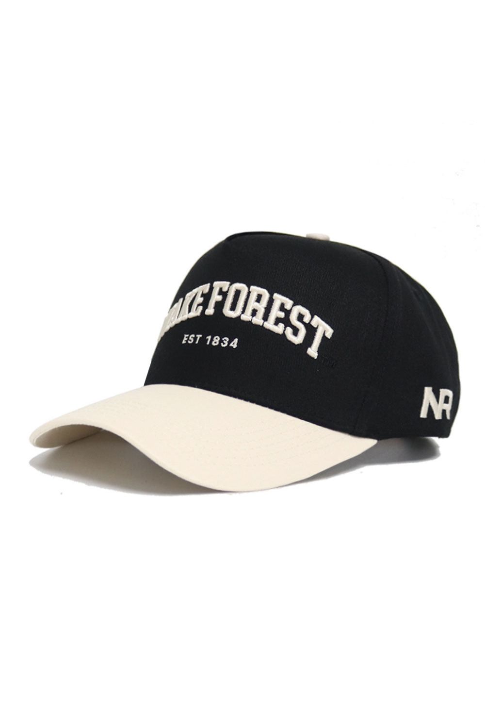 The WAKE FOREST Established Hat by No Rivals is a black cotton baseball cap with a white curved brim, "WAKE FOREST EST 1834" embroidered on the front, "NR" on the side in white, and an adjustable snap back for a custom fit.