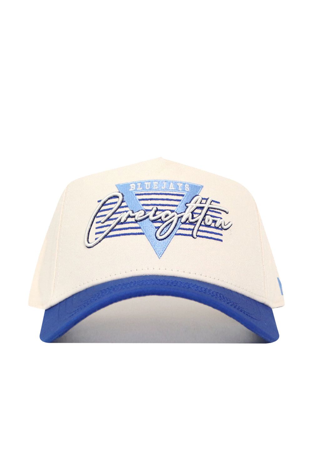 The No Rivals Creighton Triangle Game Cap Hat features a cream and blue structured fit, Bluejays Creighton in blue and white script on the front with a blue triangle background, blue brim, and an officially licensed snapback design.