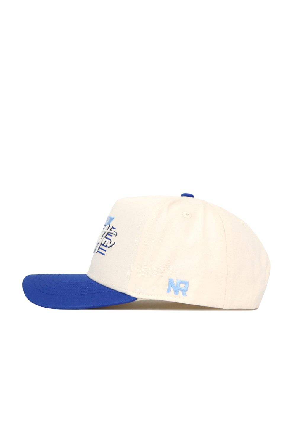 The No Rivals Creighton Triangle Game Cap Hat features a cream structured fit, royal blue brim, blue "NR" side embroidery, and extra blue embroidered designs on the front panel—combining style and comfort in a snapback.
