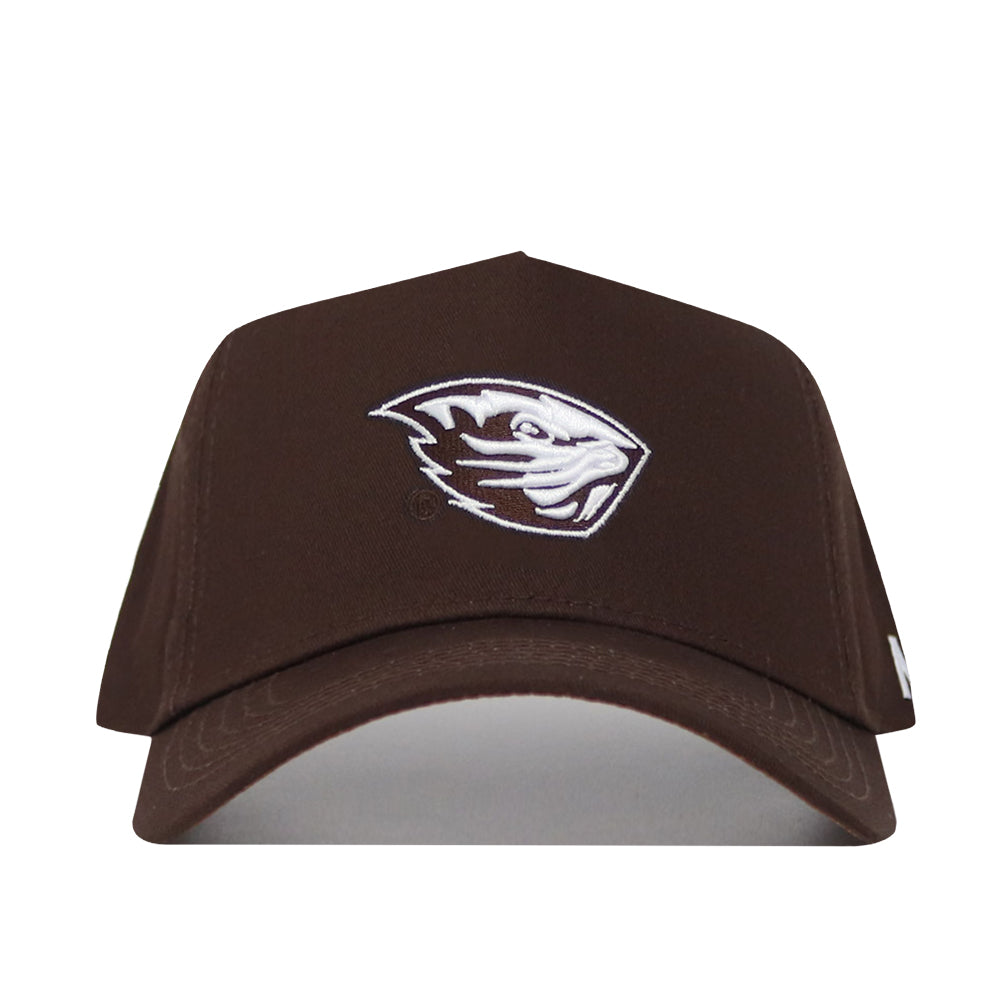 The Oregon State Americano Hat is a brown snapback made from high-quality cotton, featuring a white embroidered beaver head logo on the front, shown from the front against a plain white background.