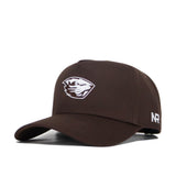The Oregon State Americano Hat is a brown snapback baseball cap featuring a white embroidered beaver logo on the front, white NR initials on the side, and a structured fit, displayed at an angle against a white background.