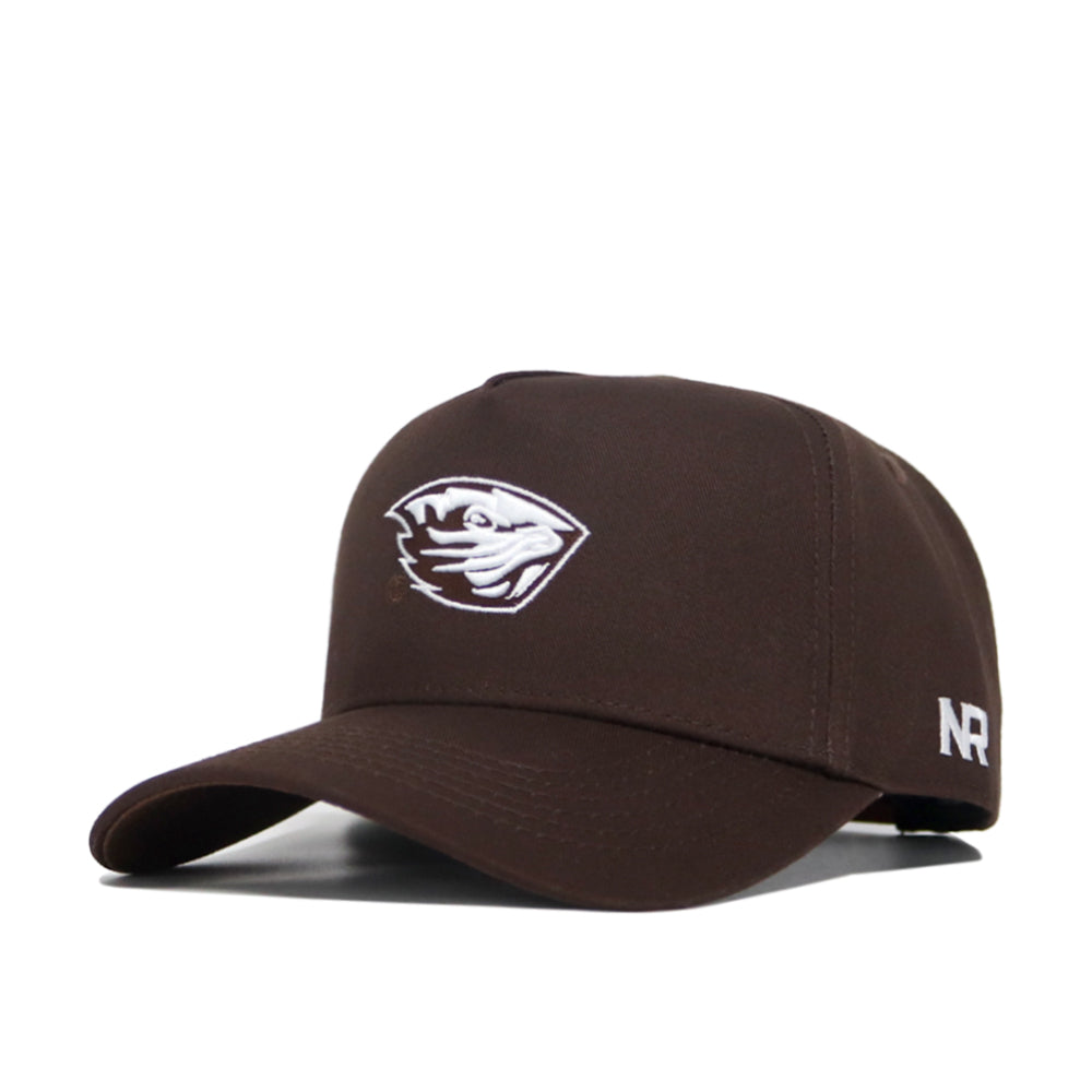 The Oregon State Americano Hat is a brown snapback baseball cap featuring a white embroidered beaver logo on the front, white NR initials on the side, and a structured fit, displayed at an angle against a white background.