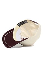 The Texas State Bobcats ALOYO Hat by No Rivals is a cream and maroon snapback, shown from underneath to display the official lining, high-quality cotton sweatband with "NO RIVALS" text, and a QR code on the inner brim.