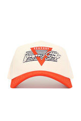 Show your team spirit with the Oregon State Triangle Game Cap Hat—a white snapback with an orange brim, Beavers inside an orange triangle, blue stripes behind, and "Oregon State" in script. This officially licensed cap is a must for true fans.