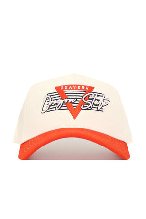 Show your team spirit with the Oregon State Triangle Game Cap Hat—a white snapback with an orange brim, Beavers inside an orange triangle, blue stripes behind, and "Oregon State" in script. This officially licensed cap is a must for true fans.
