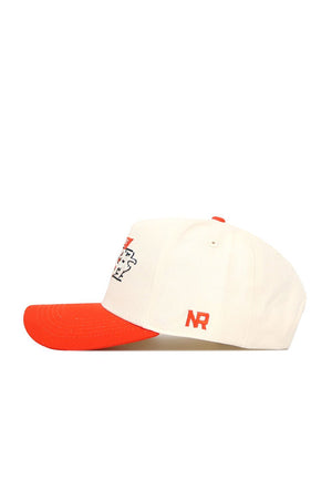 The Oregon State Triangle Game Cap Hat features a cream structured fit with an orange brim, red NR initials on the side, and part of a colorful logo on the front, set against a white background.