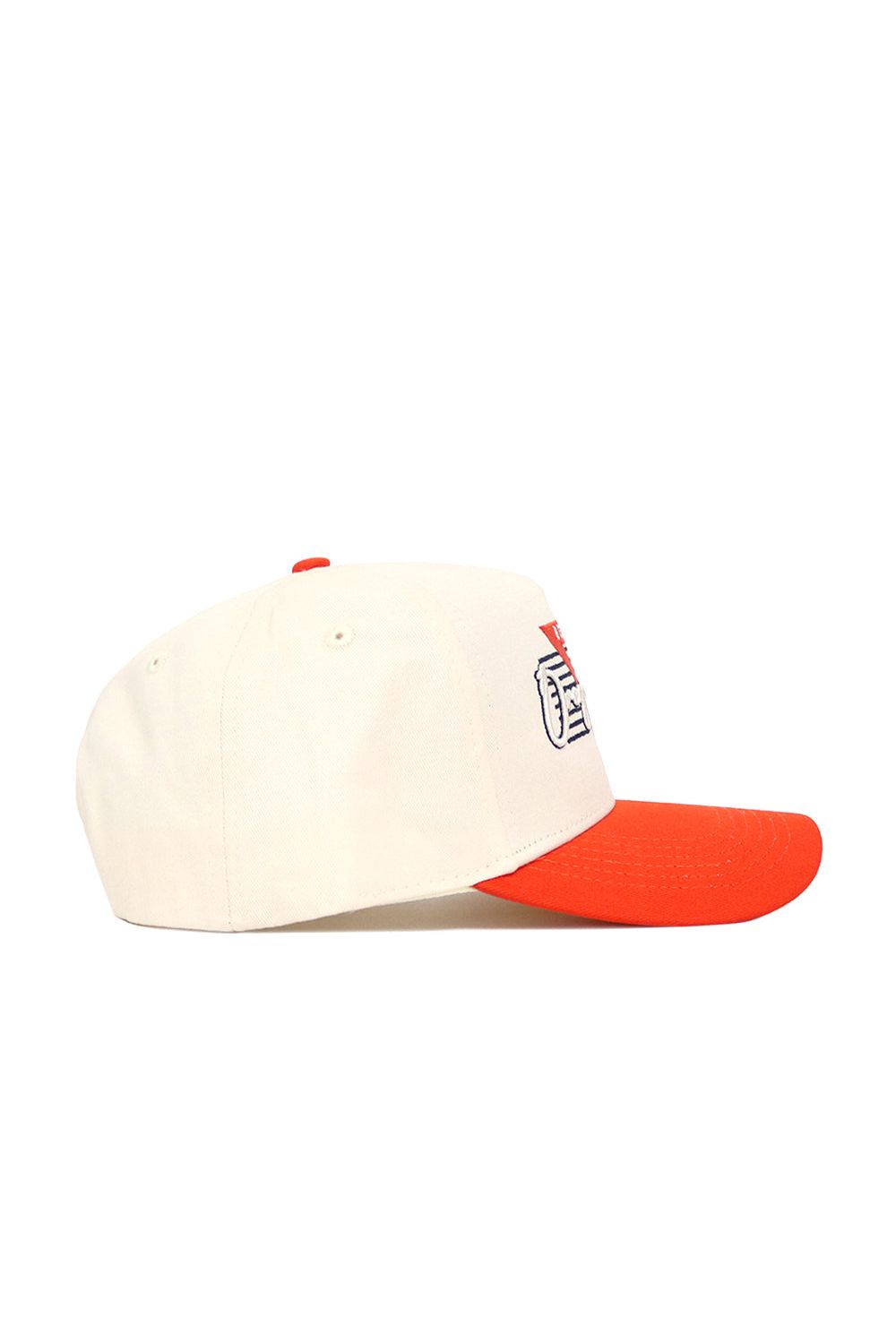 The Oregon State Triangle Game Cap Hat features a structured fit with a white crown, orange brim, side view, small top button, partial embroidered text and graphic on the front panel. This snapback hat combines style and comfort.