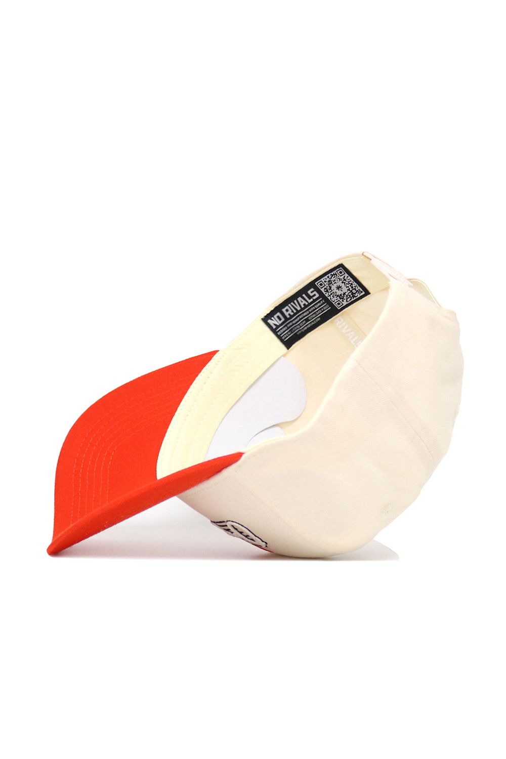 The Oregon State Triangle Game Cap Hat, in red and off-white, is shown upside down to display its inner NO RIVALS label and QR code. It features a curved brim and an adjustable back strap for a structured fit.