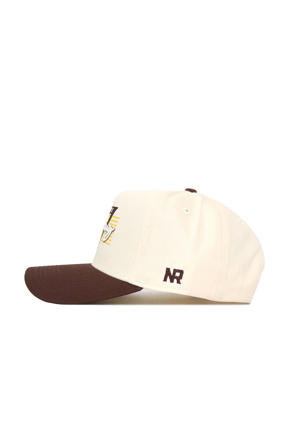 The Wyoming Triangle Game Cap Hat is a cream snapback with a brown brim, shown from the side. Crafted from quality cotton, it has dark embroidered NR initials near the back and offers a structured fit.