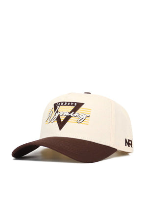 The Wyoming Triangle Game Cap Hat is a beige snapback with a brown brim, featuring "Cowboys Wyoming" embroidered in brown and yellow, a triangle design with yellow stripes, NR side initials, structured fit, and premium cotton.