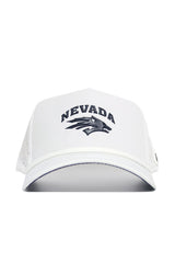 The Nevada Gameday Hat is a white snapback featuring NEVADA in black and a wolf head logo, representing the University of Nevada. This officially licensed cap, shown from the front, is perfect for your gameday outfit.