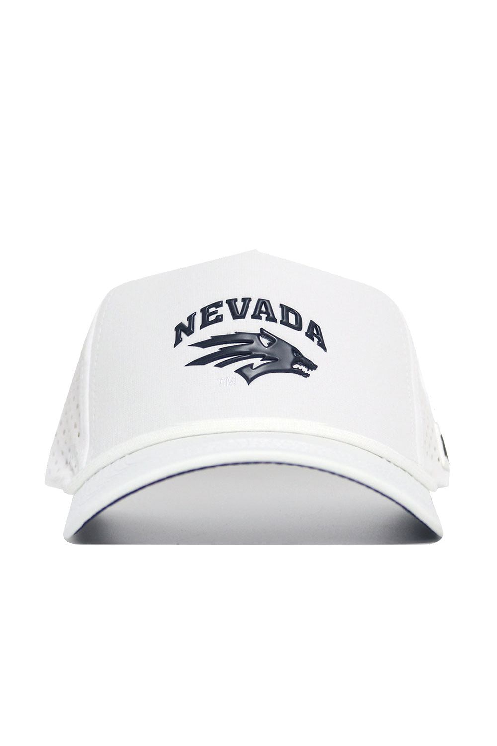 The Nevada Gameday Hat is a white snapback featuring NEVADA in black and a wolf head logo, representing the University of Nevada. This officially licensed cap, shown from the front, is perfect for your gameday outfit.