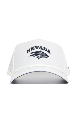 The Nevada Gameday Hat is a white snapback featuring NEVADA in black and a wolf head logo, representing the University of Nevada. This officially licensed cap, shown from the front, is perfect for your gameday outfit.