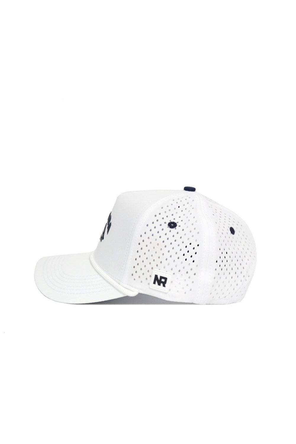 The Nevada Gameday Hat is a white mesh snapback featuring ventilation holes, a curved brim, and a small NR logo patch on the side—ideal for finishing your gameday look.