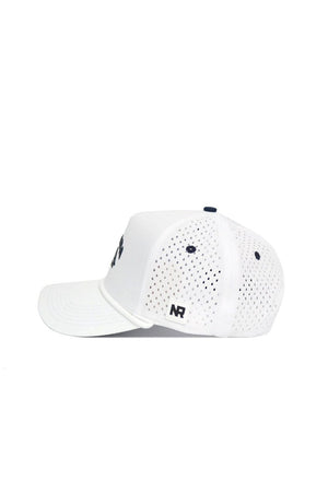 The Nevada Gameday Hat is a white mesh snapback featuring ventilation holes, a curved brim, and a small NR logo patch on the side—ideal for finishing your gameday look.