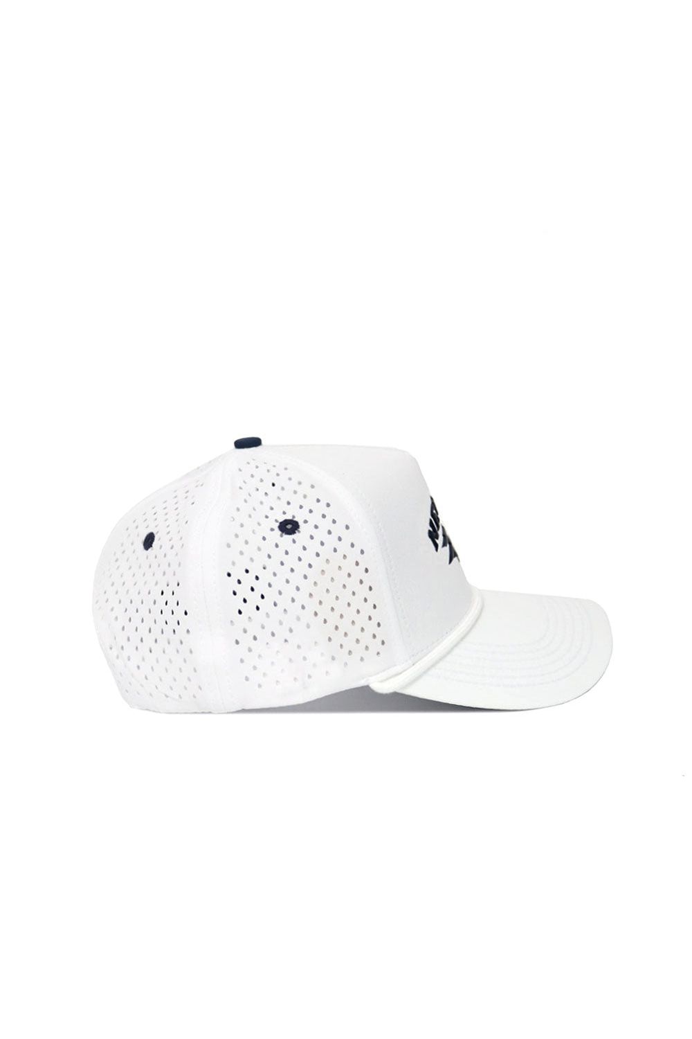 The Nevada Gameday Hat is a white snapback with perforated mesh back and side panels, shown from the side on a plain white background. It features a curved brim and ventilation holes—ideal for your gameday look.