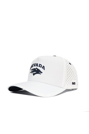 The Nevada Gameday Hat is a white snapback with "NEVADA" and a wolf logo on the front, perforated side panels, and an NR logo tag—an officially licensed accessory for your perfect gameday look.